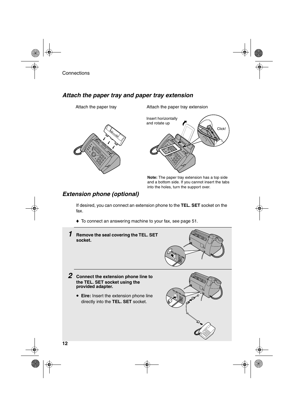 Attach the paper tray and paper tray extension, Extension phone (optional) | Sharp UX-P410 User Manual | Page 14 / 87