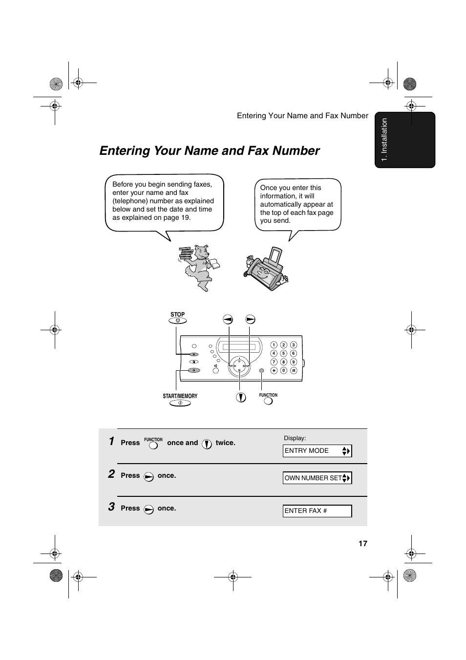 Entering your name and fax number | Sharp UX-P410 User Manual | Page 19 / 87