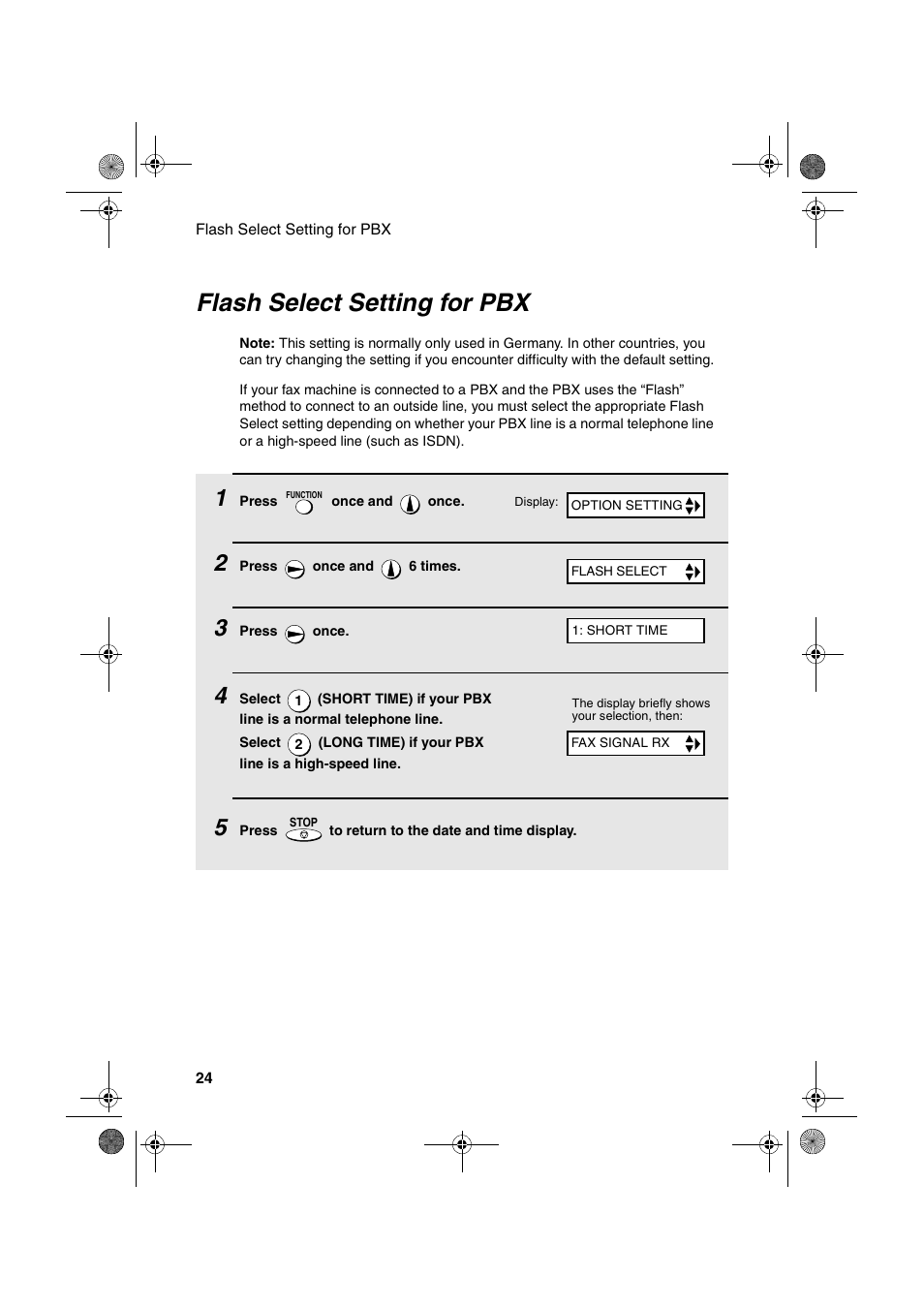 Flash select setting for pbx | Sharp UX-P410 User Manual | Page 26 / 87