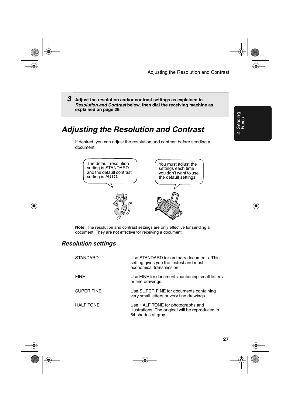 Adjusting the resolution and contrast, Resolution settings | Sharp UX-P410 User Manual | Page 29 / 87