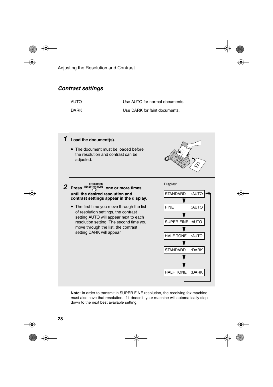 Contrast settings | Sharp UX-P410 User Manual | Page 30 / 87