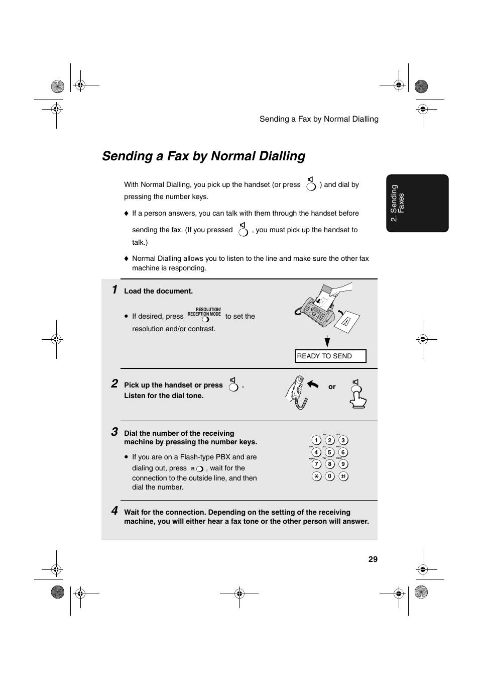 Sending a fax by normal dialling | Sharp UX-P410 User Manual | Page 31 / 87