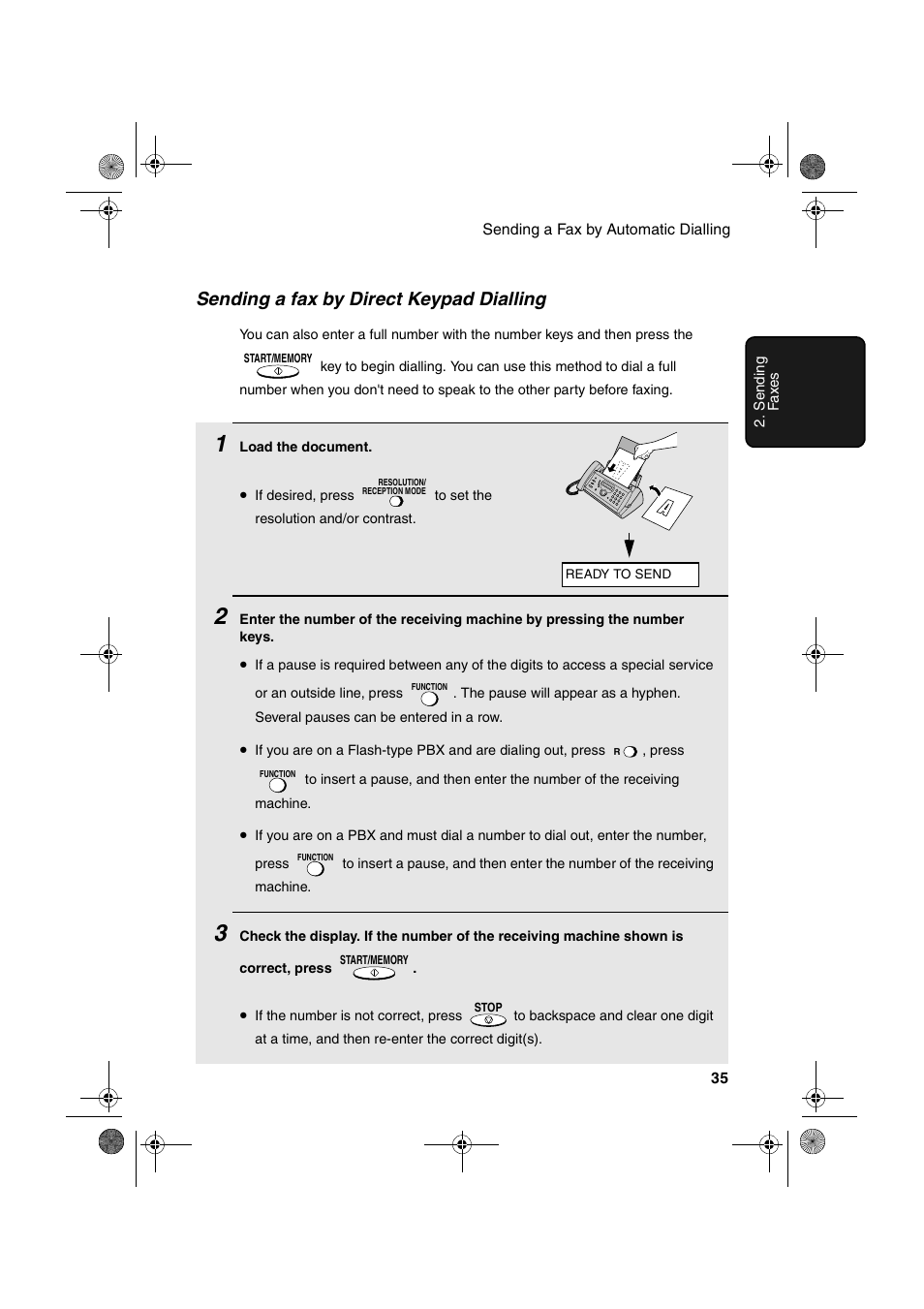 Sending a fax by direct keypad dialling | Sharp UX-P410 User Manual | Page 37 / 87