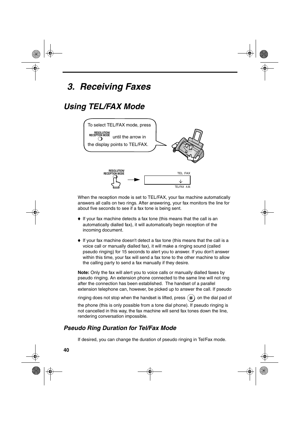 Receiving faxes, Using tel/fax mode, Pseudo ring duration for tel/fax mode | Sharp UX-P410 User Manual | Page 42 / 87