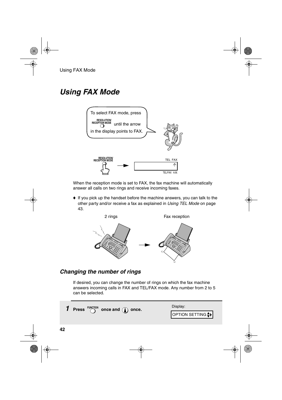 Using fax mode, Changing the number of rings | Sharp UX-P410 User Manual | Page 44 / 87