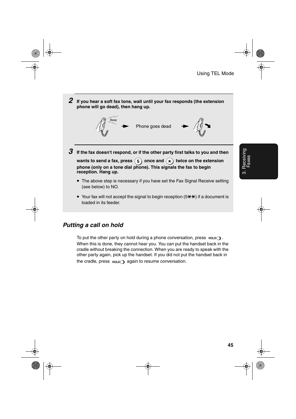 Putting a call on hold | Sharp UX-P410 User Manual | Page 47 / 87