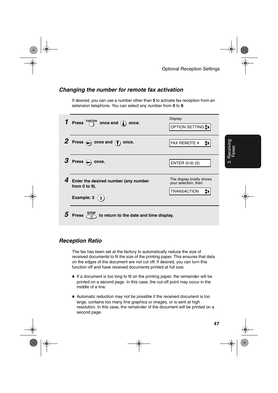 Reception ratio, Changing the number for remote fax activation | Sharp UX-P410 User Manual | Page 49 / 87