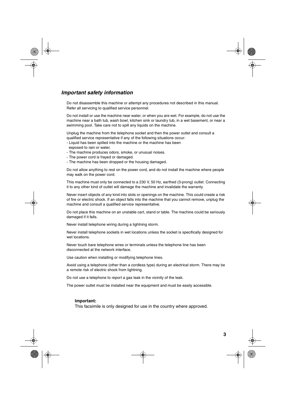 Important safety information | Sharp UX-P410 User Manual | Page 5 / 87