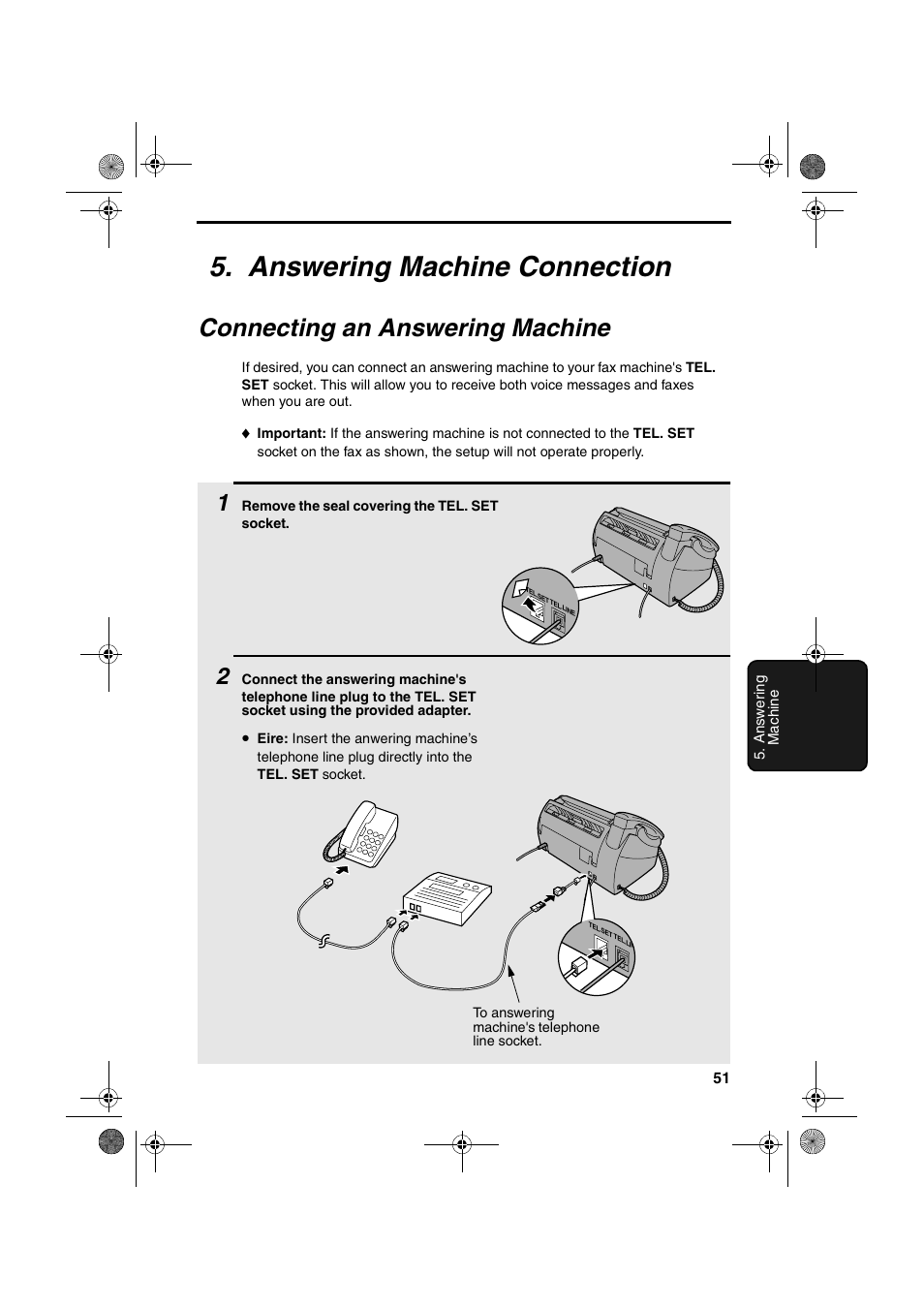 Answering machine connection, Connecting an answering machine | Sharp UX-P410 User Manual | Page 53 / 87