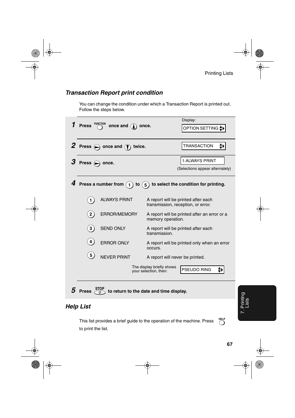 Transaction report print condition, Help list | Sharp UX-P410 User Manual | Page 69 / 87