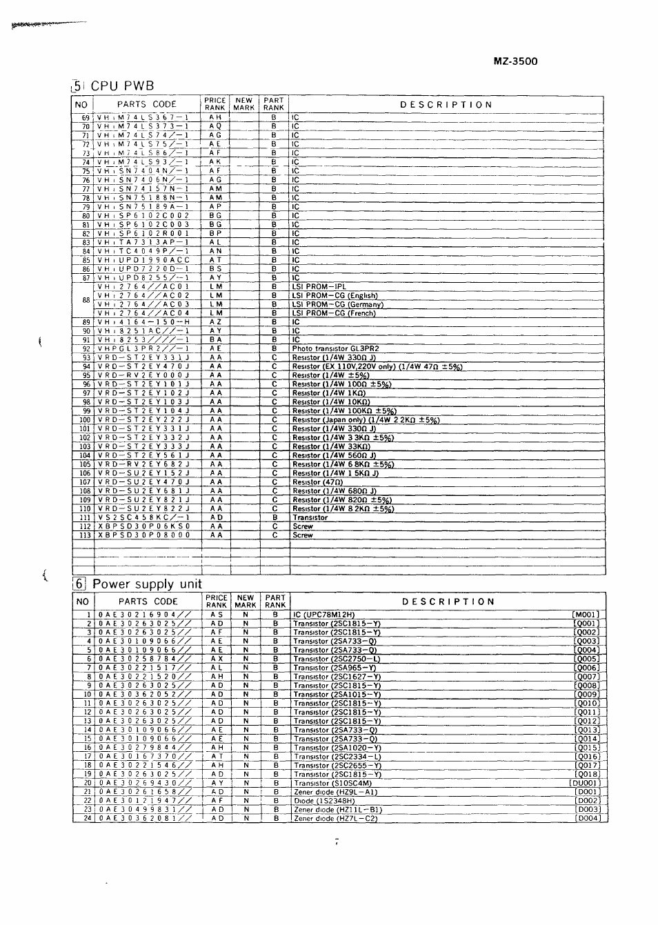 5i cpu pwb, U power supply unit, Mz-3500 | Sharp MZ-3500 User Manual | Page 108 / 116