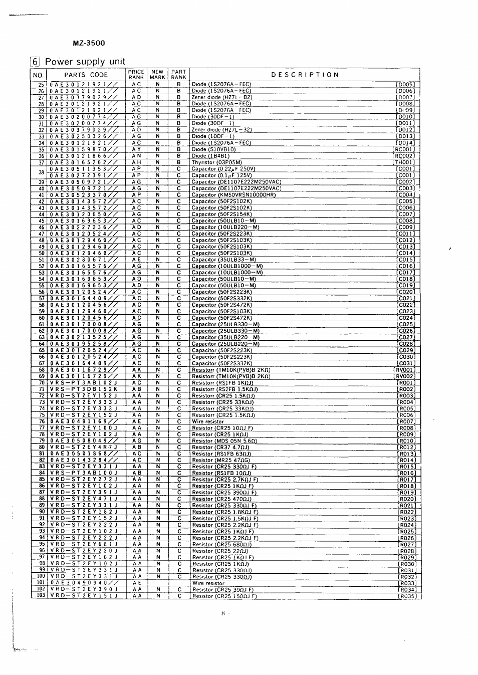 6j power supply unit, Mz-3500 | Sharp MZ-3500 User Manual | Page 109 / 116