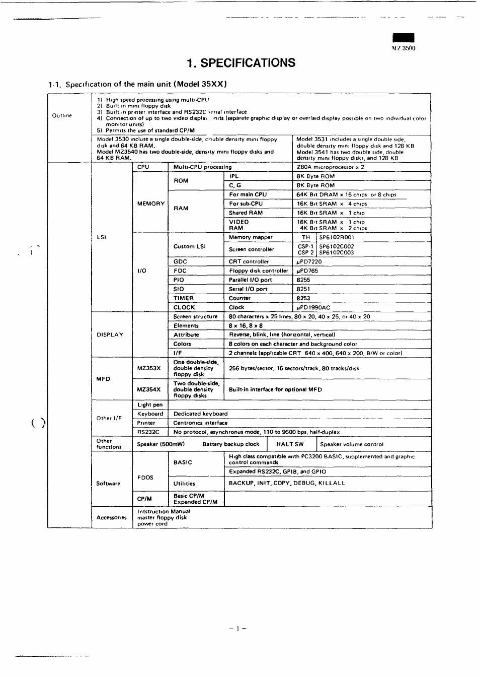 Specifications, 1. specification of the main unit (model 35xx) | Sharp MZ-3500 User Manual | Page 2 / 116