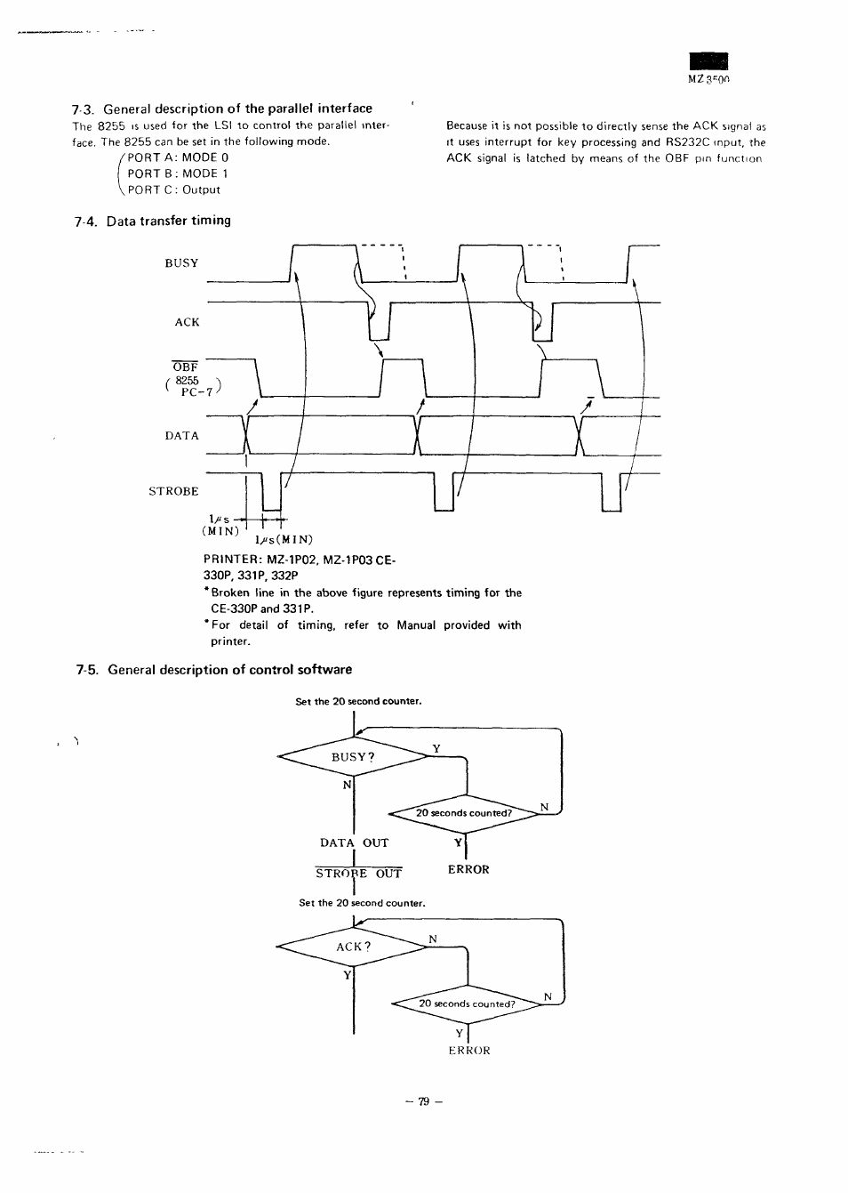 3. general description of the parallel interface, 7 4. data transfer timing, 5. general description of control software | Mz3-0c, Error | Sharp MZ-3500 User Manual | Page 72 / 116