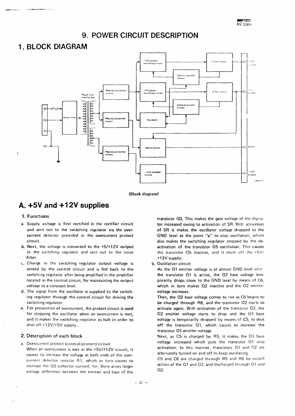 9, power circuit description 1. block diagram, A. +5v and +12v supplies, Functions | Description of each block, M z 3500 | Sharp MZ-3500 User Manual | Page 80 / 116