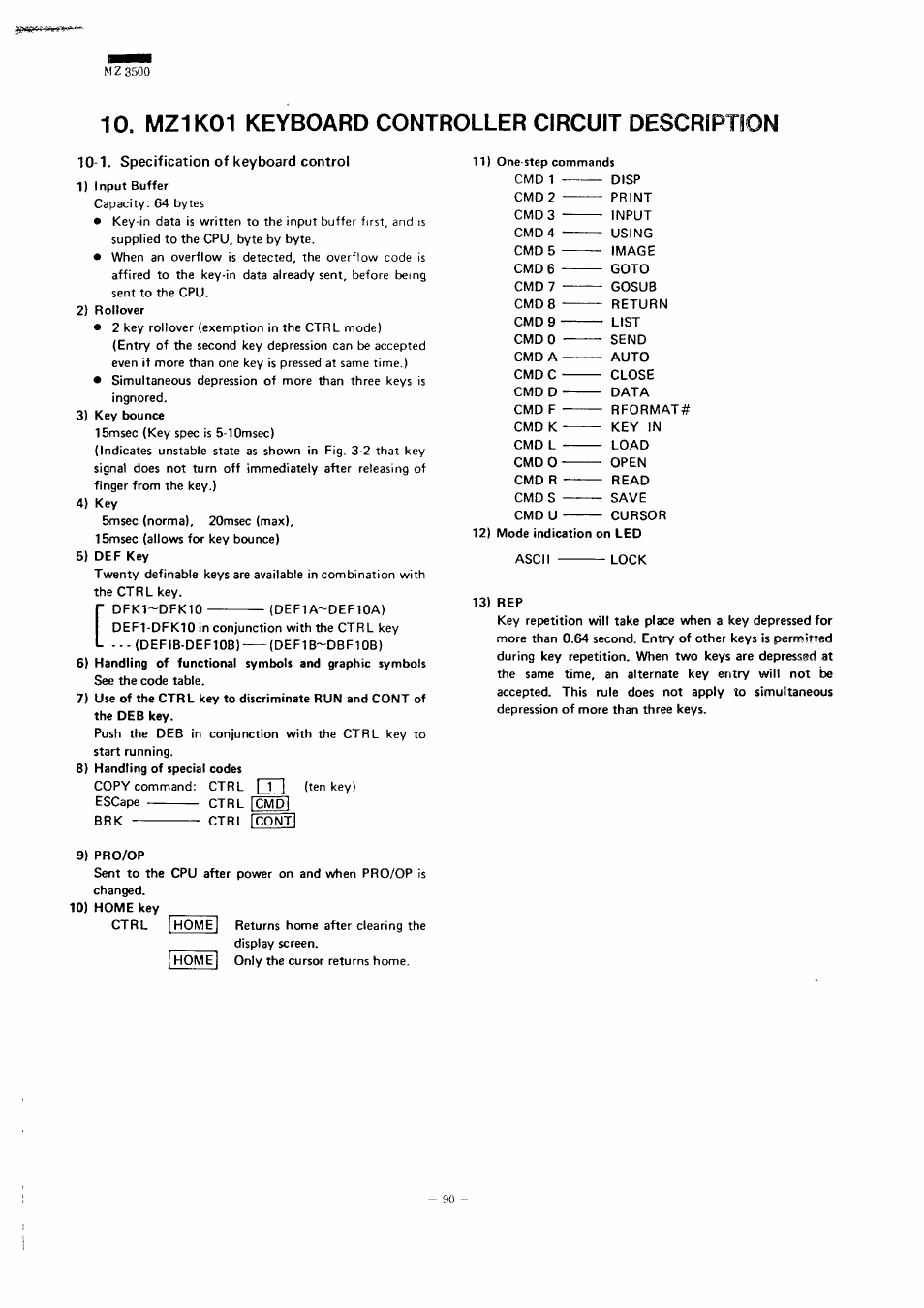 Mz1k01 keyboard controller circuit description, 1. specification of keyboard control, Keyboard controller circuit discription | Description, Mz1k01 keyboard controller circuit, Mz3500 | Sharp MZ-3500 User Manual | Page 83 / 116