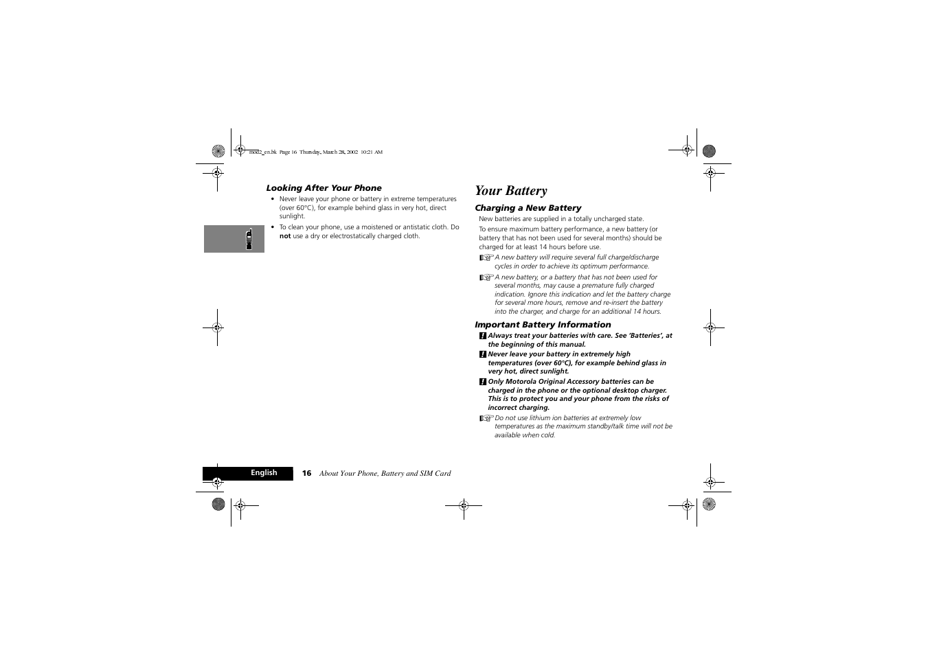 Your battery | Motorola Series M User Manual | Page 18 / 80