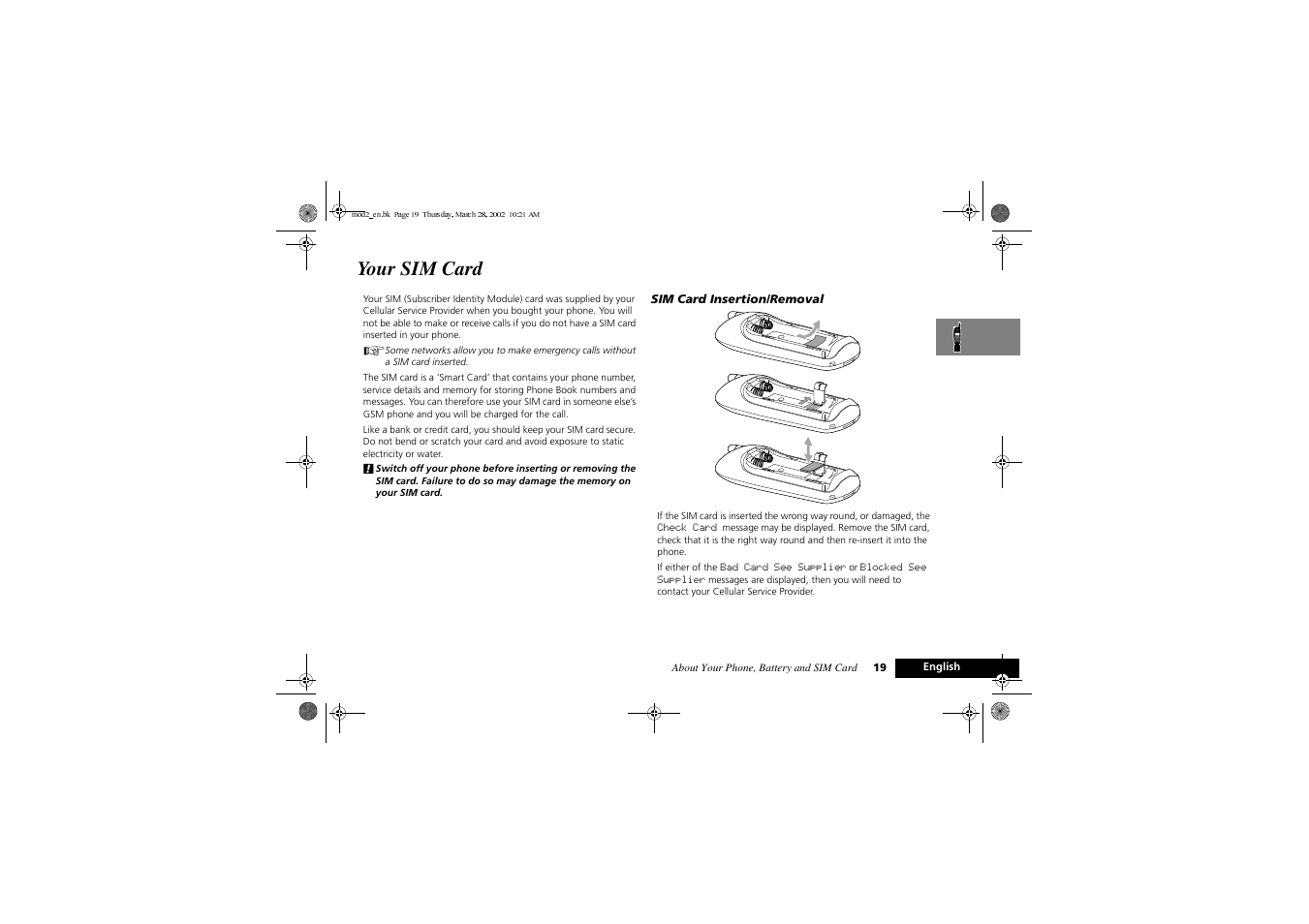 Your sim card | Motorola Series M User Manual | Page 21 / 80