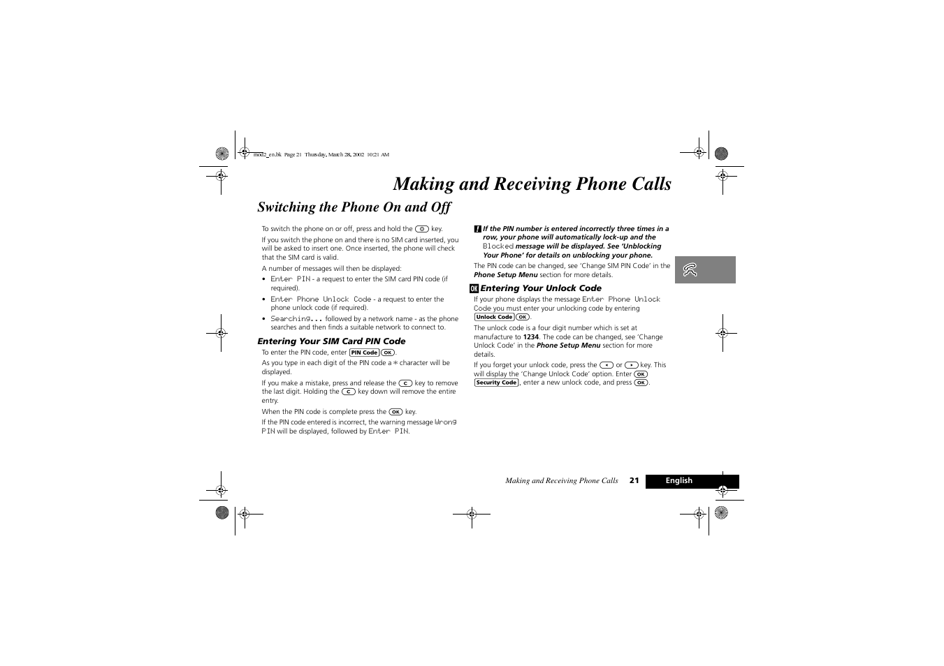 Making and receiving phone calls, Switching the phone on and off | Motorola Series M User Manual | Page 23 / 80