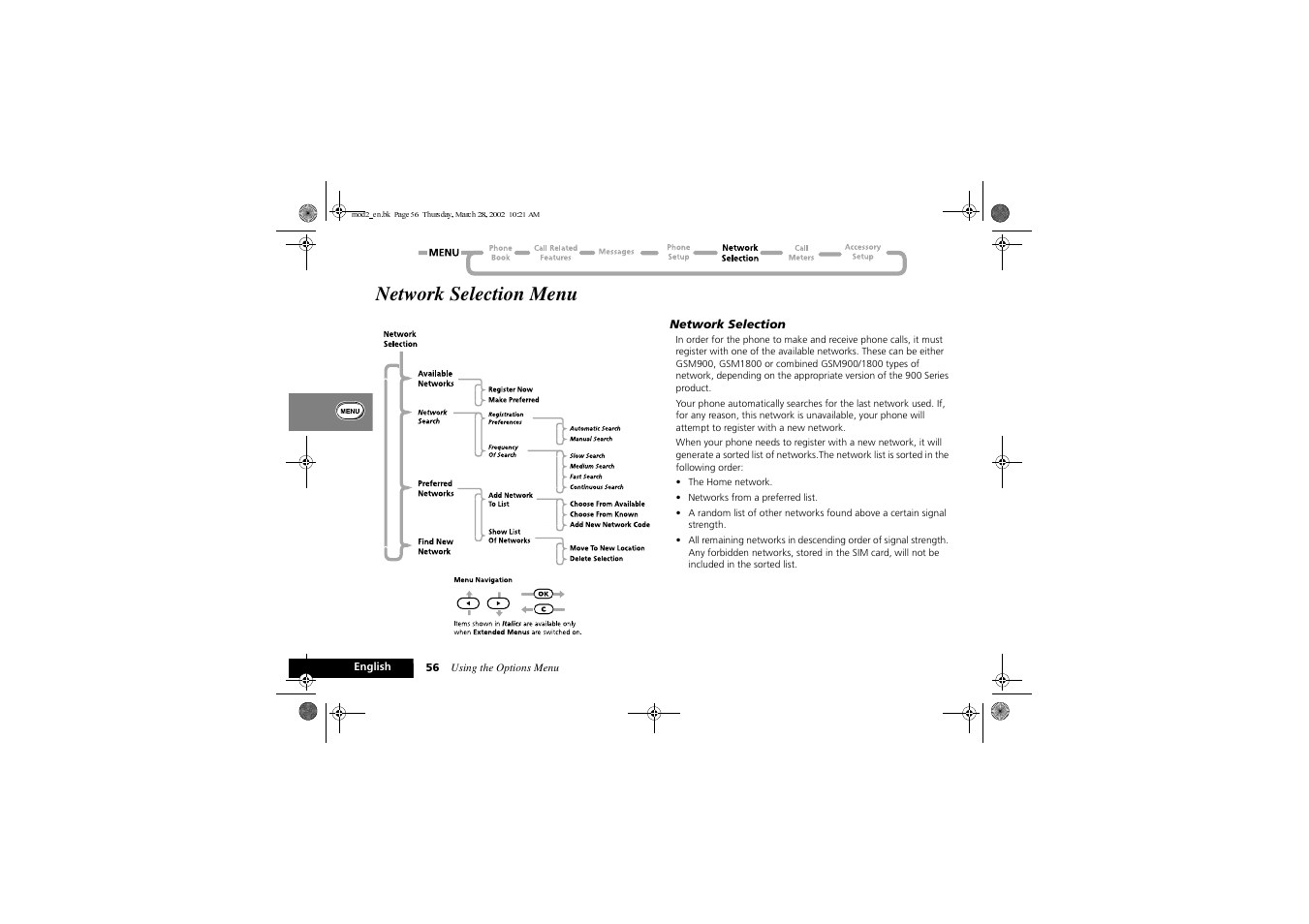 Network selection menu | Motorola Series M User Manual | Page 58 / 80