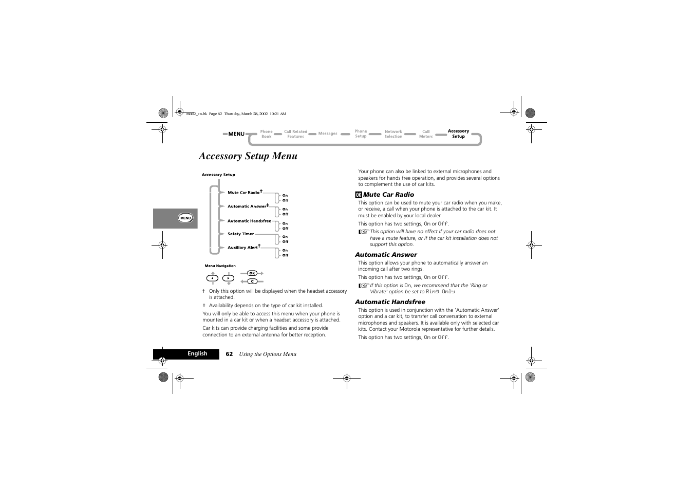 Accessory setup menu | Motorola Series M User Manual | Page 64 / 80