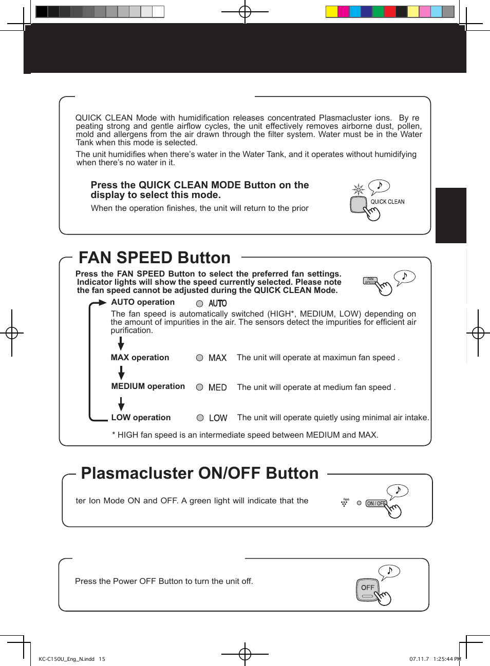 Quick clean mode, Fan speed button, Plasmacluster on/off button | Power off button | Sharp KC-C150U User Manual | Page 15 / 64