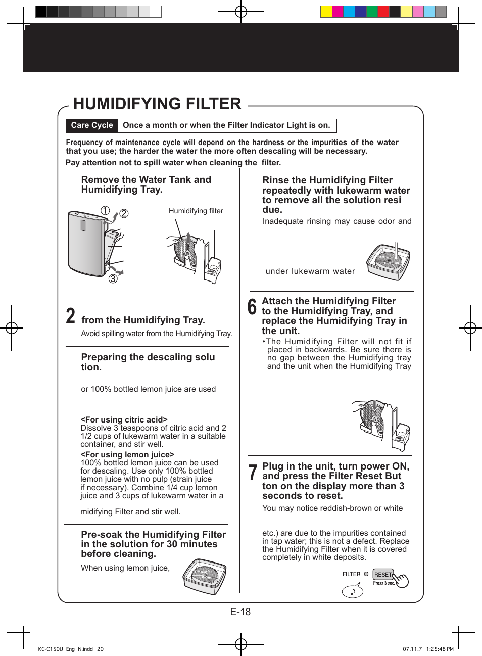 Care and maintenance, Humidifying filter | Sharp KC-C150U User Manual | Page 20 / 64