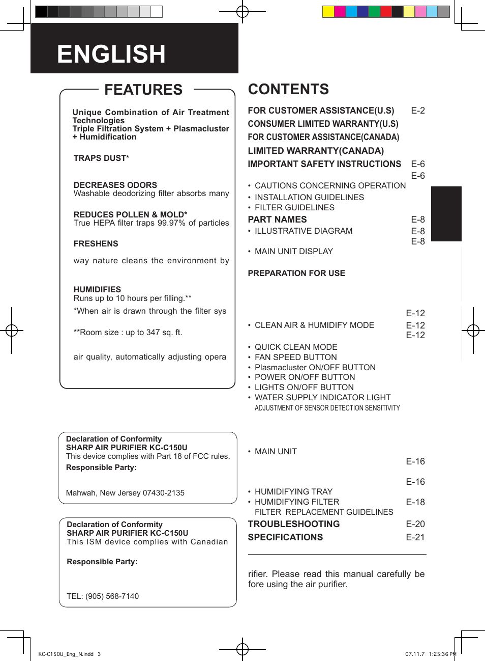 Sharp KC-C150U User Manual | Page 3 / 64