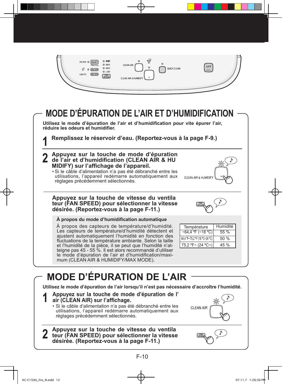 Fonctionnement, Mode d’épuration de l’air et d’humidification, Mode d’épuration de l’air | Sharp KC-C150U User Manual | Page 34 / 64