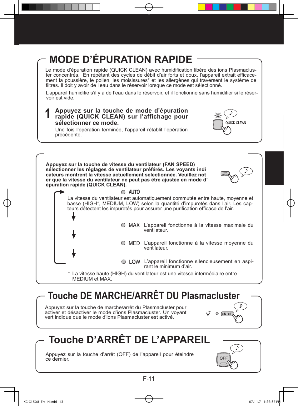 Mode d’épuration rapide, Touche de vitesse du ventilateur, Touche de marche/arrêt du plasmacluster | Touche d’arrêt de l’appareil | Sharp KC-C150U User Manual | Page 35 / 64