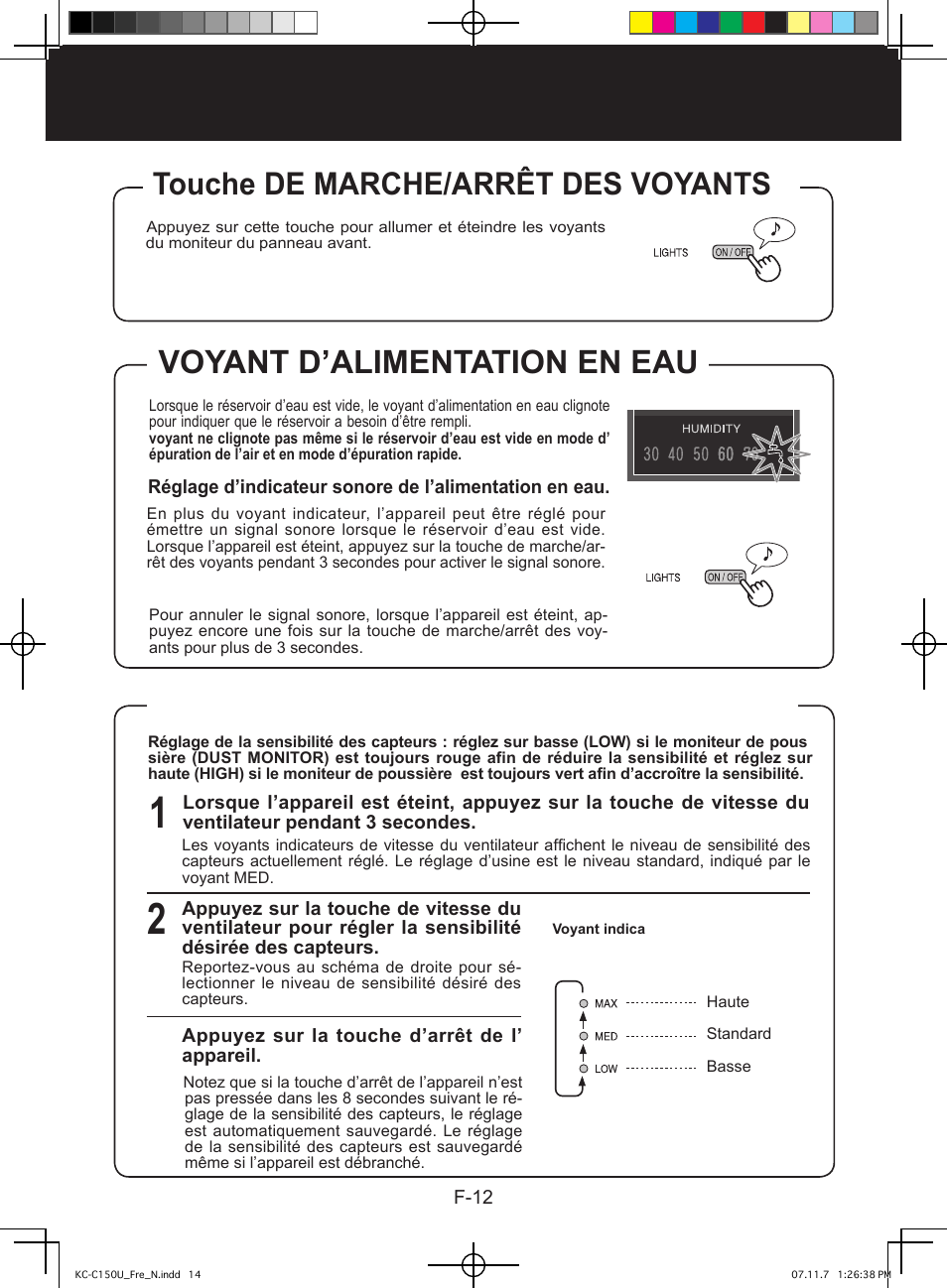 Fonctionnement, Voyant d’alimentation en eau, Réglage de la sensibilité des capteurs | Touche de marche/arrêt des voyants | Sharp KC-C150U User Manual | Page 36 / 64