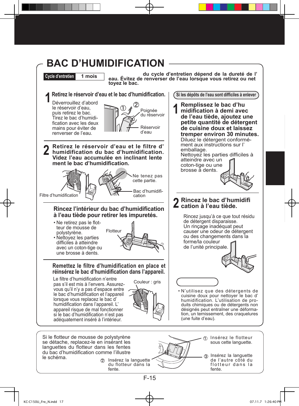 Bac d’humidification | Sharp KC-C150U User Manual | Page 39 / 64