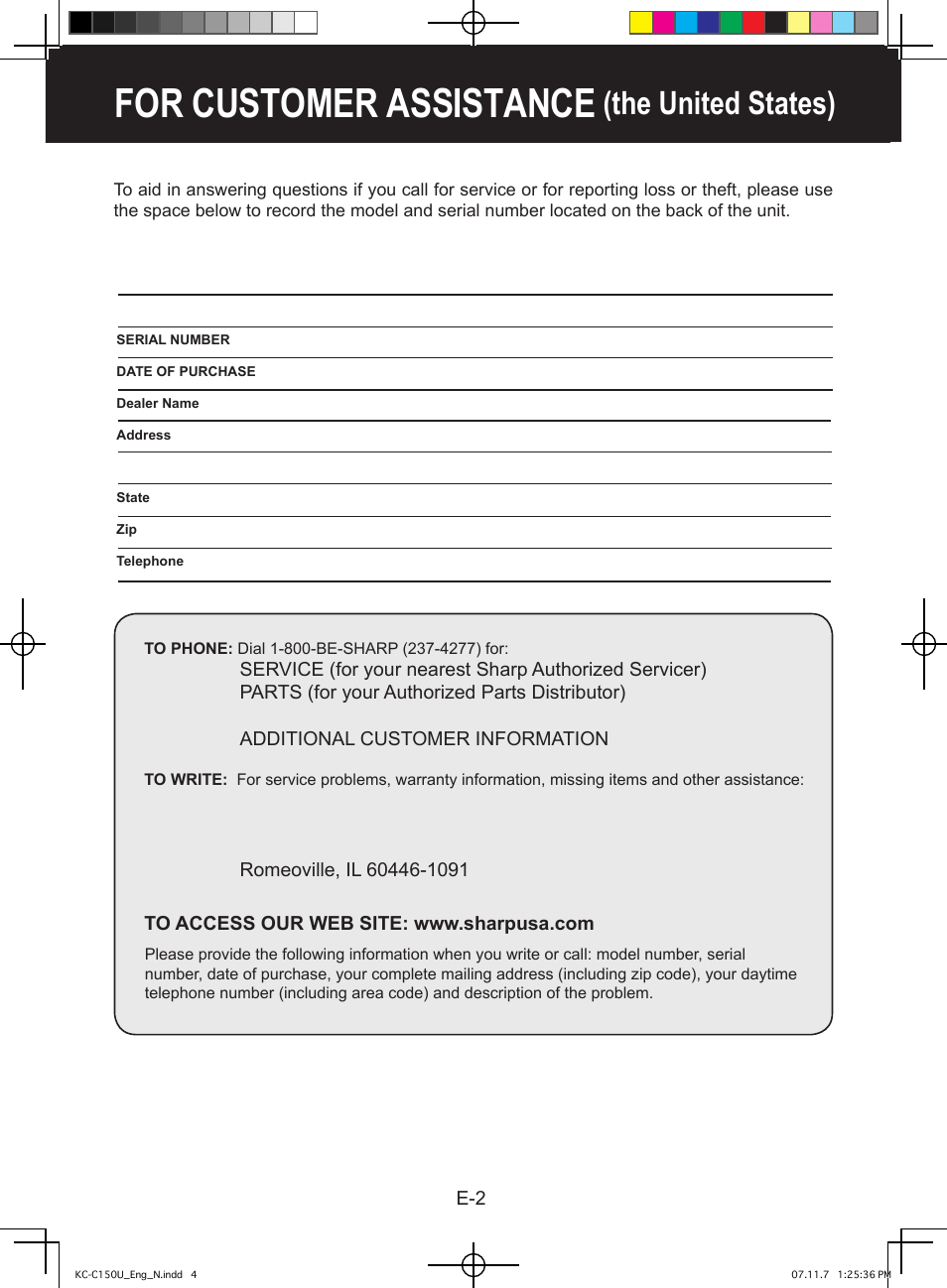 For customer assistance, The united states) | Sharp KC-C150U User Manual | Page 4 / 64