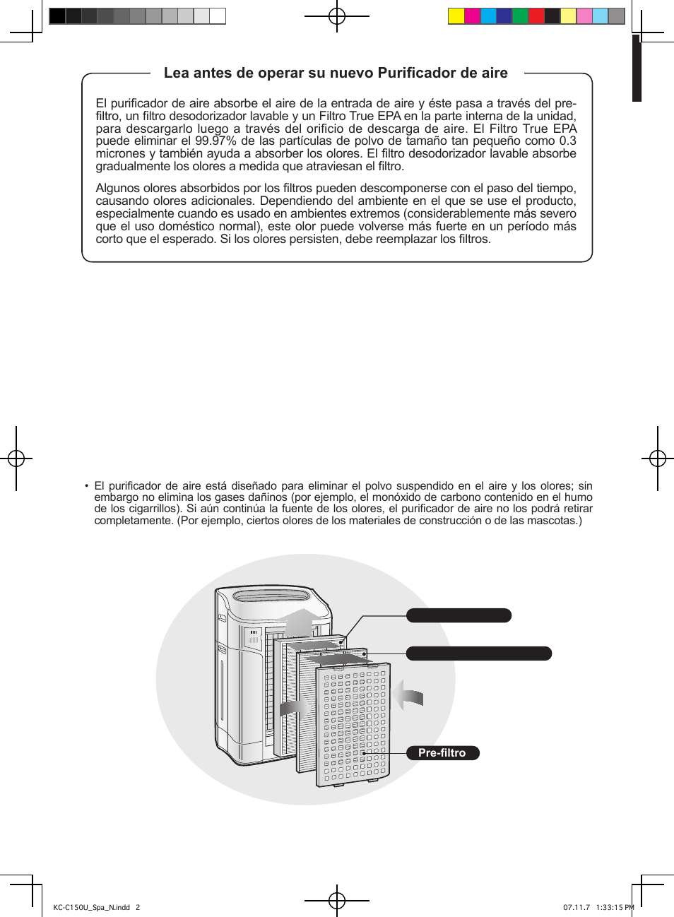 Lea antes de operar su nuevo purificador de aire | Sharp KC-C150U User Manual | Page 44 / 64