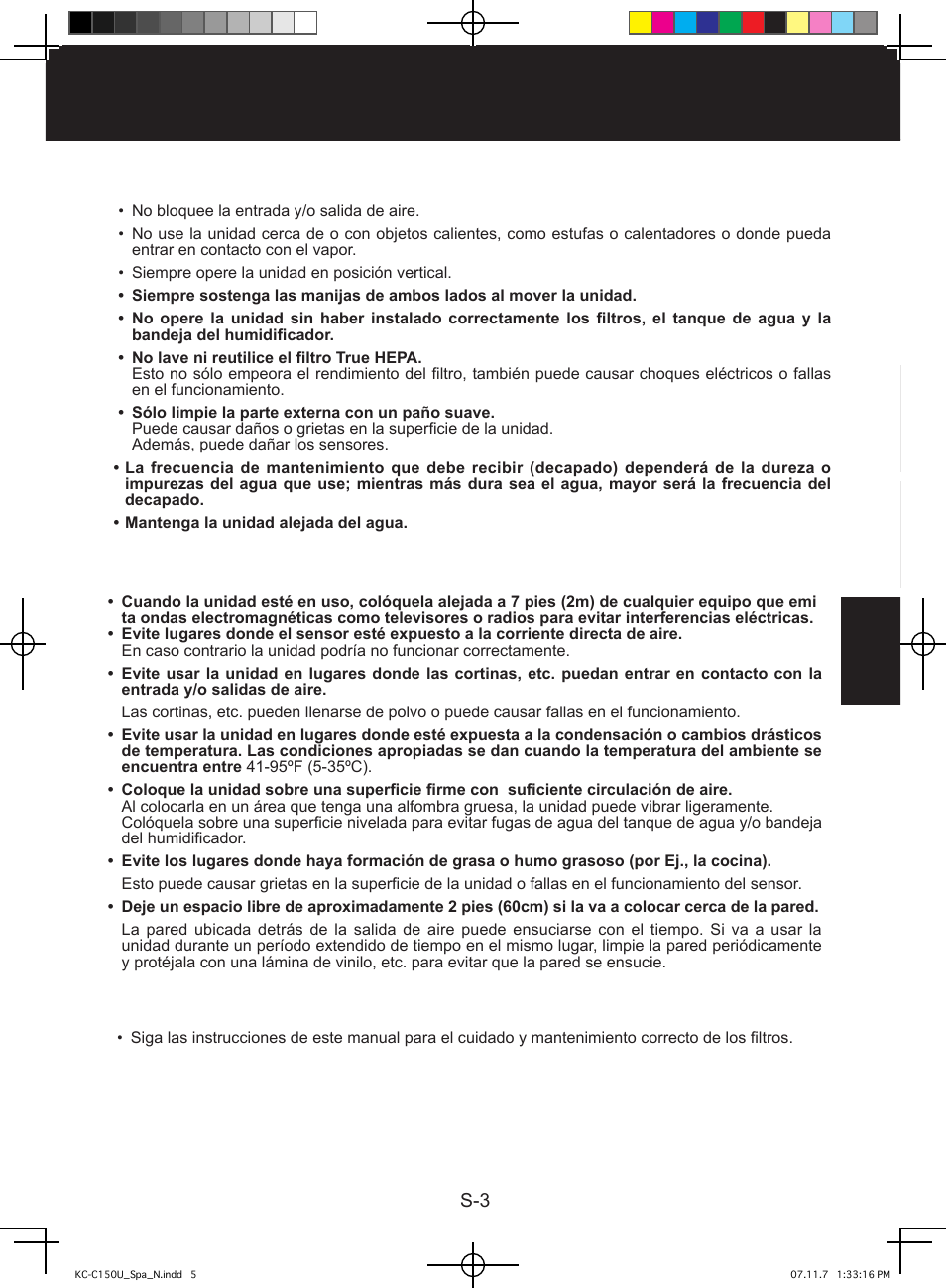 Pautas para el filtro, Precauciones relacionadas con la operación, Pautas para la instalación | Sharp KC-C150U User Manual | Page 47 / 64