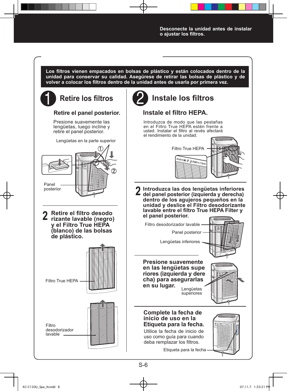 Preparación para el uso, Instalación del filtro, Instale los filtros | Retire los filtros | Sharp KC-C150U User Manual | Page 50 / 64