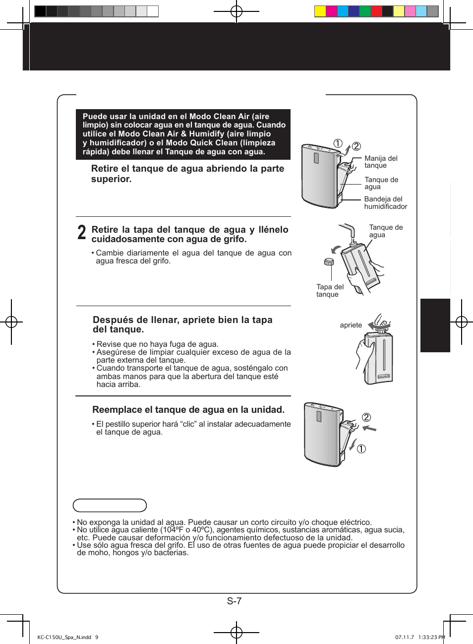 Llenado del tanque de agua | Sharp KC-C150U User Manual | Page 51 / 64
