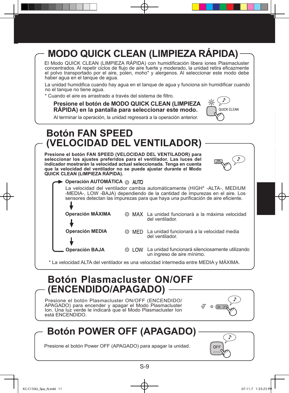 Modo quick clean (limpieza rápida), Botón fan speed (velocidad del ventilador), Botón plasmacluster on/off (encendido/apagado) | Botón power off (apagado) | Sharp KC-C150U User Manual | Page 53 / 64
