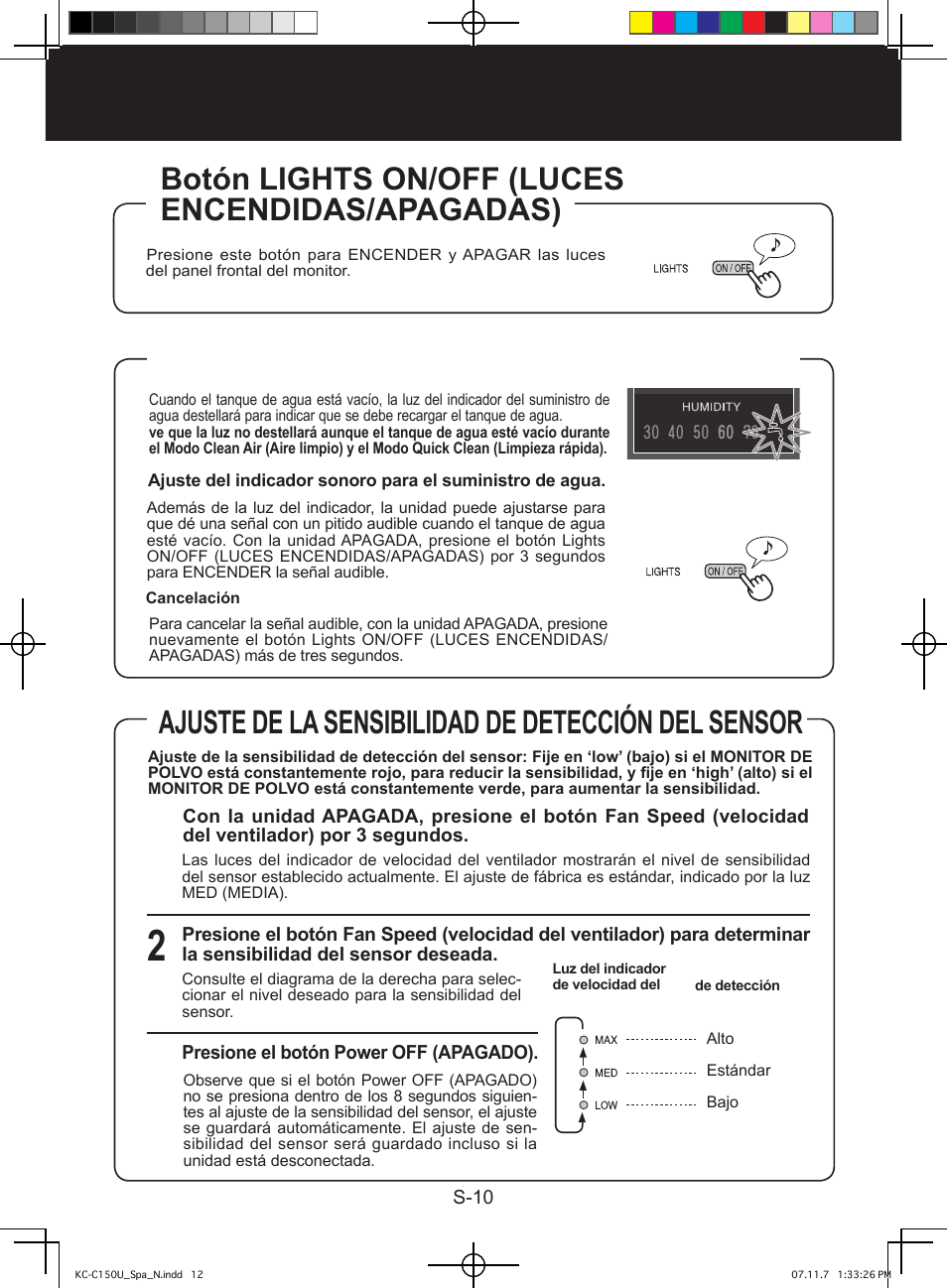 Luz del indicador de suministro de agua, Ajuste de la sensibilidad de detección del sensor, Botón lights on/off (luces encendidas/apagadas) | Operación | Sharp KC-C150U User Manual | Page 54 / 64