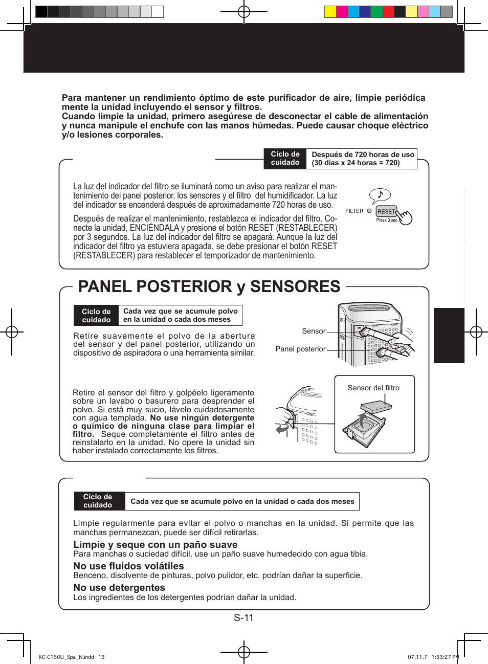 Cuidado y mantenimiento, Unidad, Panel posterior y sensores | Luz del indicador del filtro | Sharp KC-C150U User Manual | Page 55 / 64