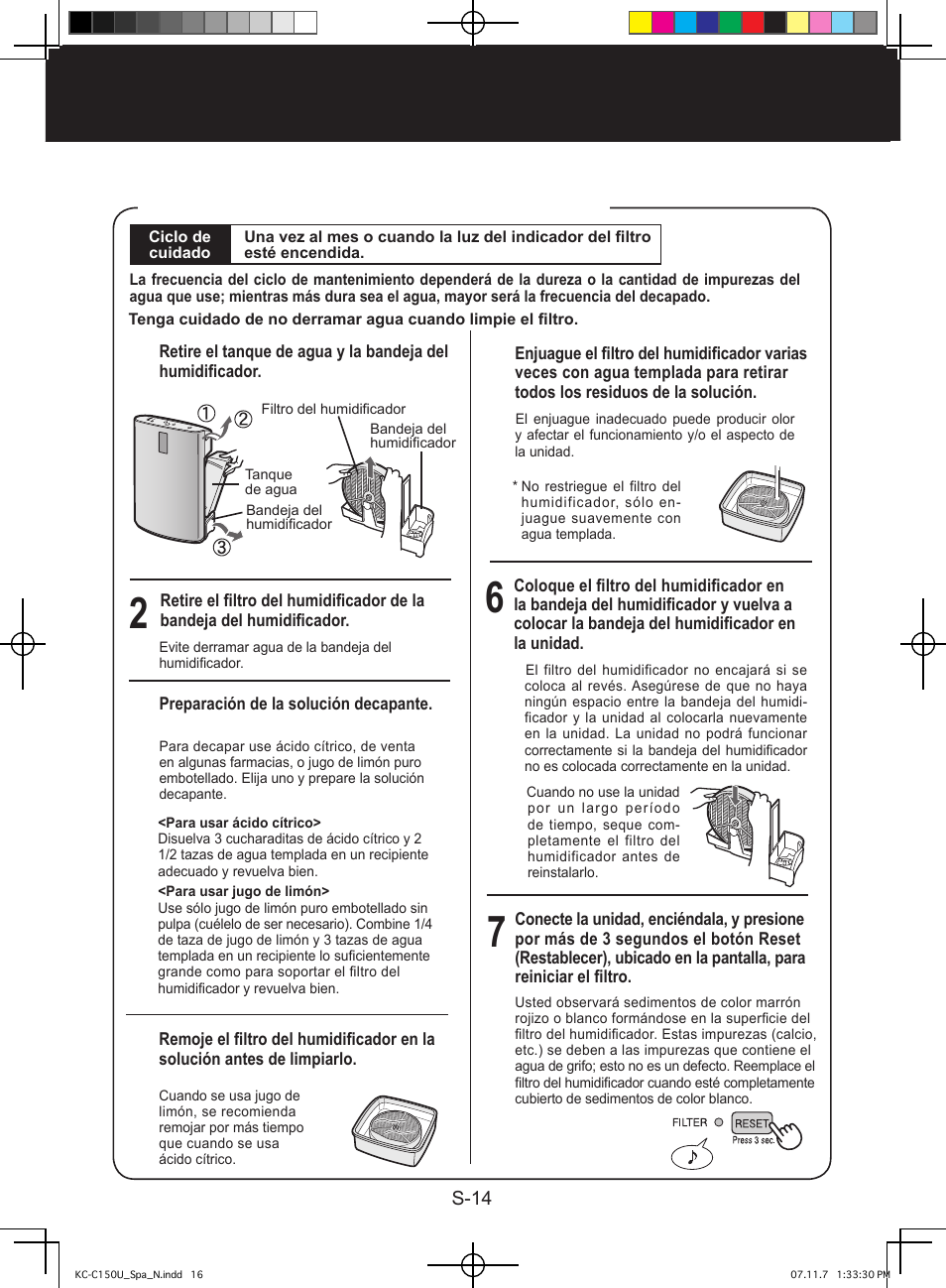 Cuidado y mantenimiento, Filtro del humidificador | Sharp KC-C150U User Manual | Page 58 / 64