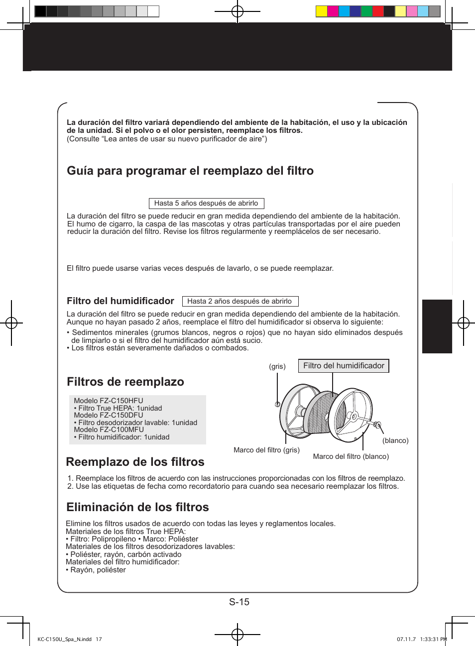 Pautas para reemplazar el filtro, Guía para programar el reemplazo del filtro, Filtros de reemplazo | Sharp KC-C150U User Manual | Page 59 / 64