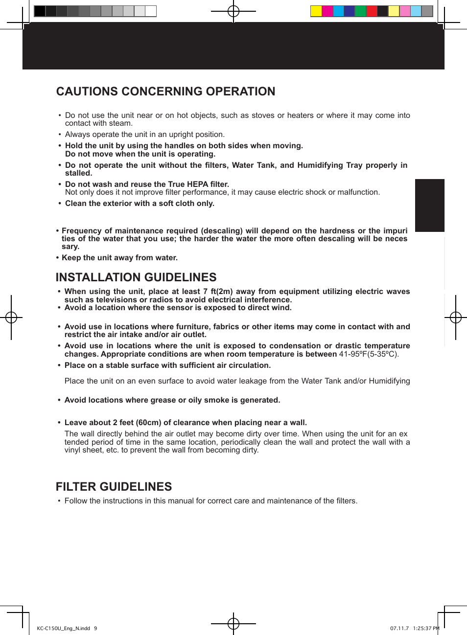 Filter guidelines, Cautions concerning operation, Installation guidelines | Sharp KC-C150U User Manual | Page 9 / 64