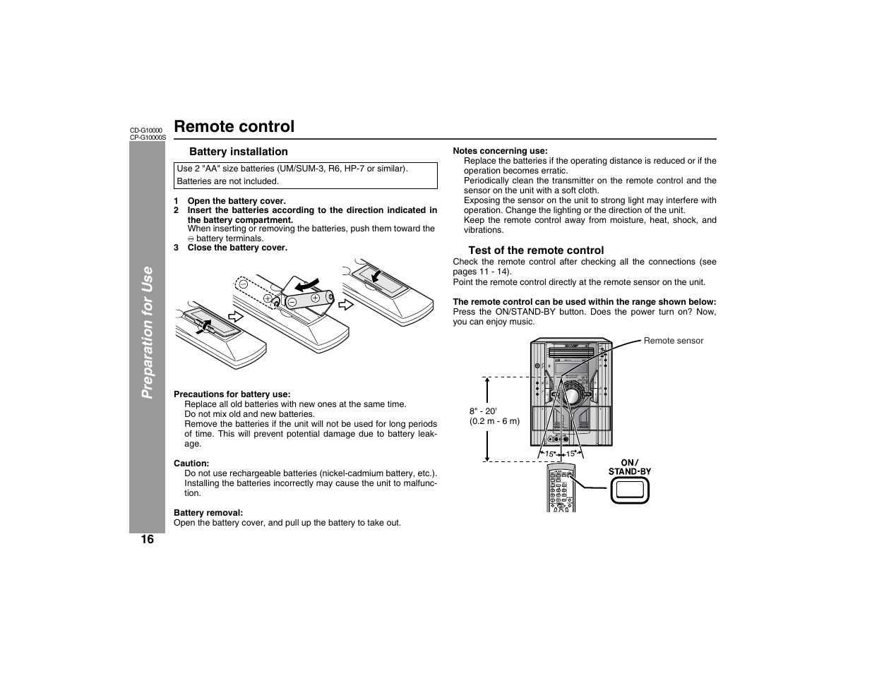 Remote control, Pre paration for use | Sharp CP-G10000S User Manual | Page 16 / 47