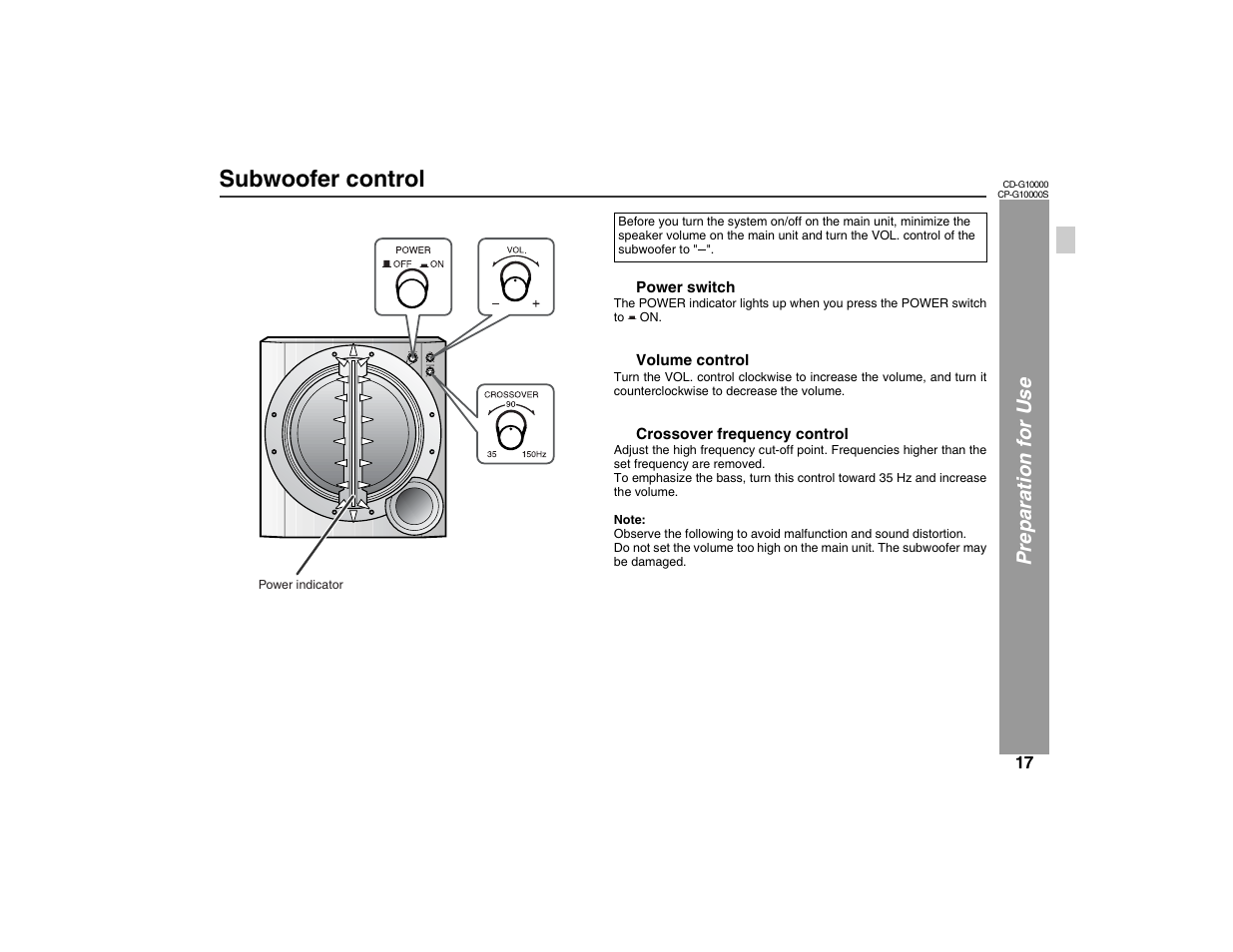 Subwoofer control, Pre paration for use | Sharp CP-G10000S User Manual | Page 17 / 47