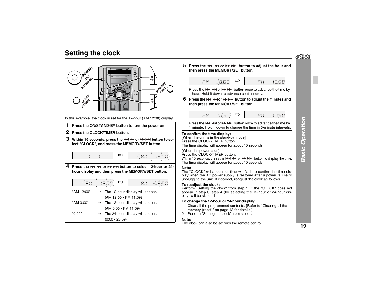 Setting the clock, Ba sic ope ration | Sharp CP-G10000S User Manual | Page 19 / 47