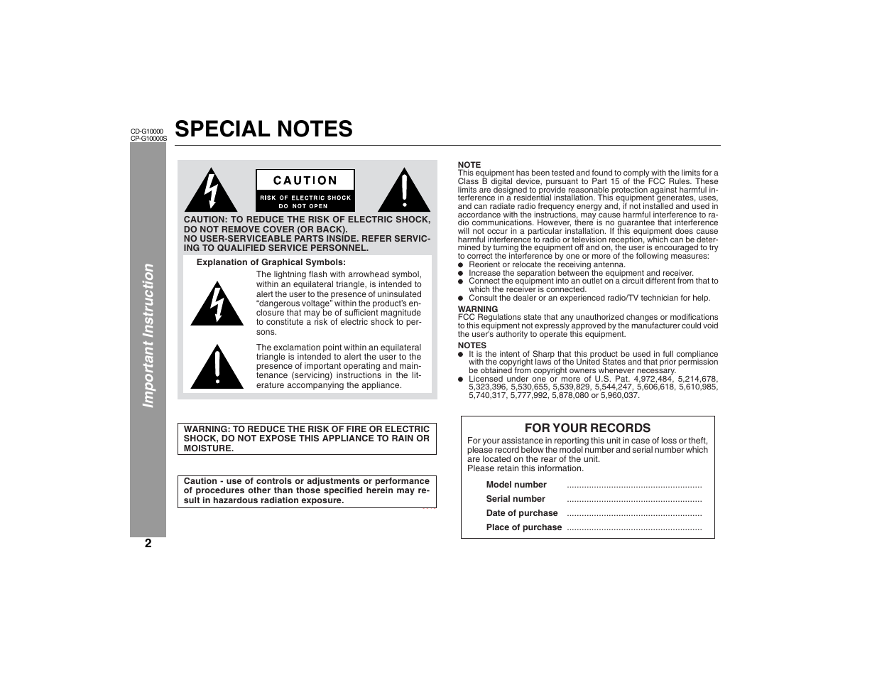 Imp ortant ins truction | Sharp CP-G10000S User Manual | Page 2 / 47