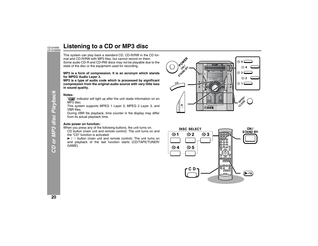 Listening to a cd or mp3 disc, Cd or m p 3 disc playbac k | Sharp CP-G10000S User Manual | Page 20 / 47