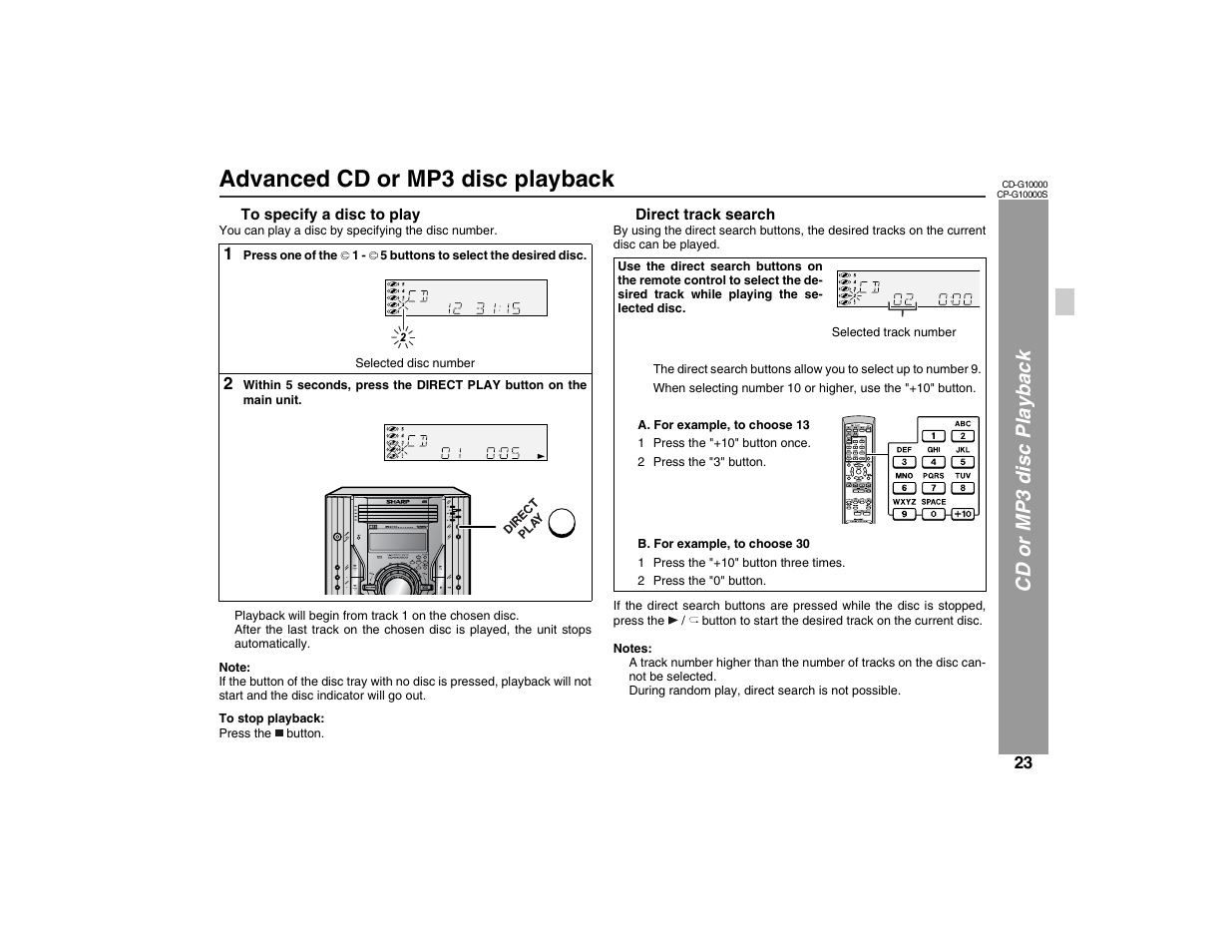 Advanced cd or mp3 disc playback, Cd or m p 3 disc playbac k | Sharp CP-G10000S User Manual | Page 23 / 47