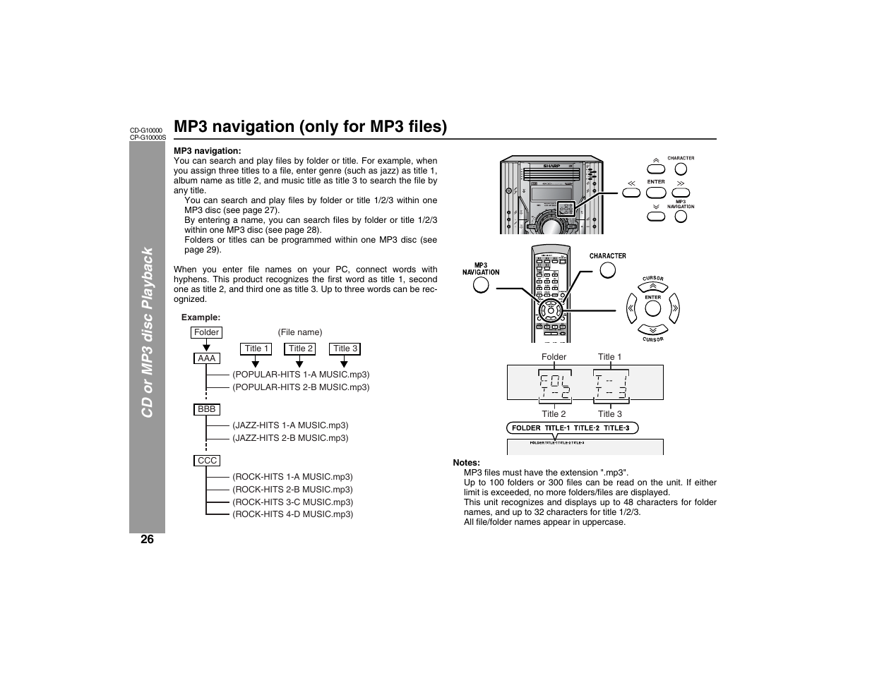 Mp3 navigation (only for mp3 files), Cd or m p 3 disc playbac k | Sharp CP-G10000S User Manual | Page 26 / 47